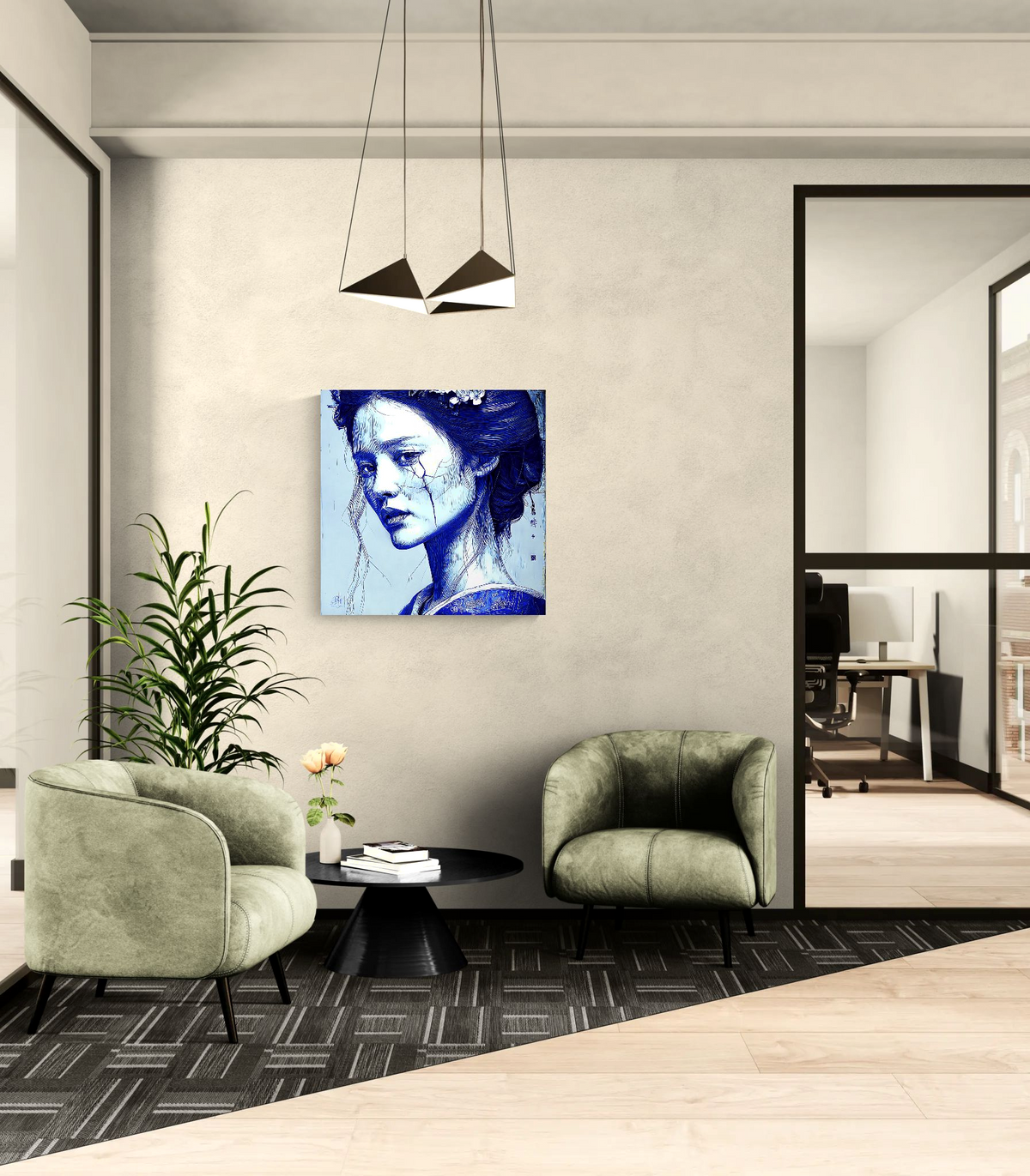 Blue Fracture of Silent Memory — porcelain canvas art displayed in a modern office reception area