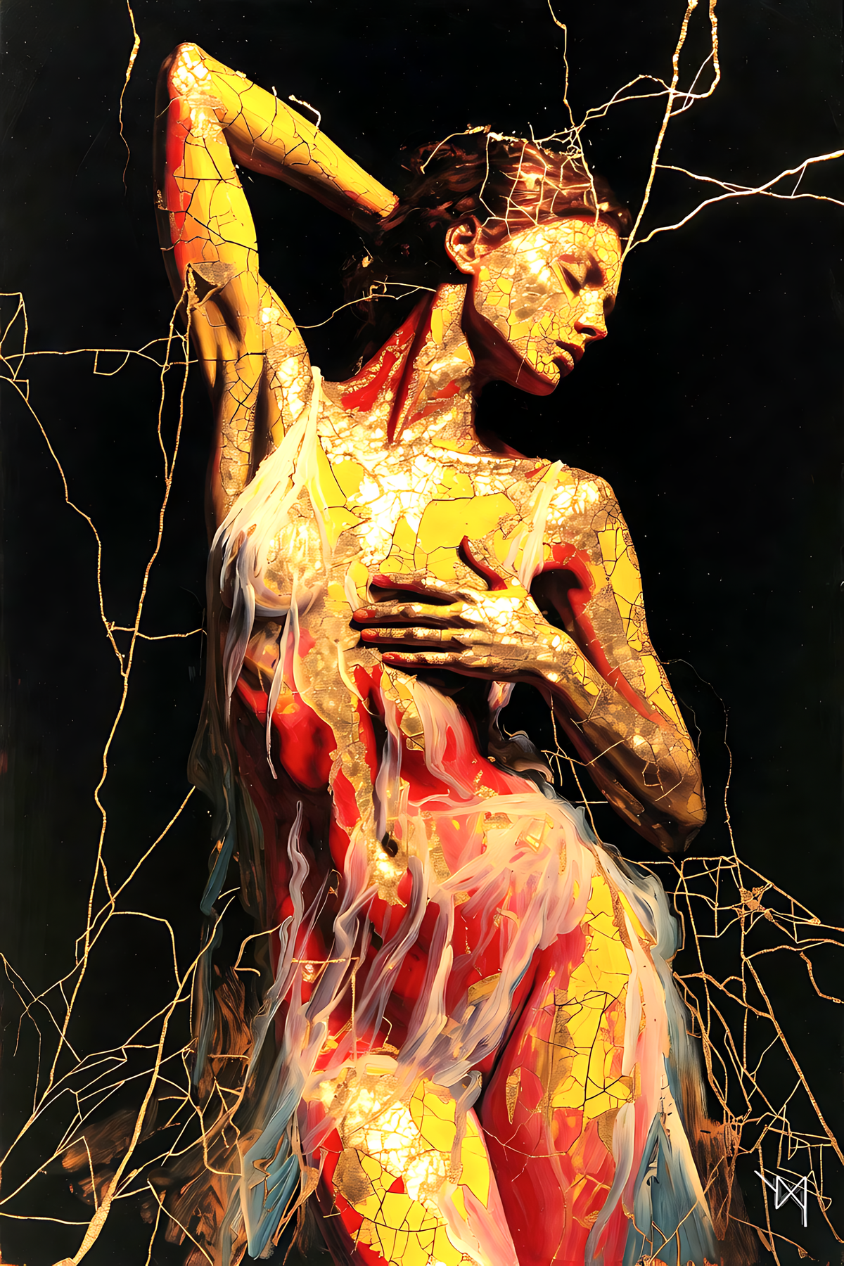 Aurum Ascension: The Living Fracture — painted figure with gold crackle skin and radiating gold cracks