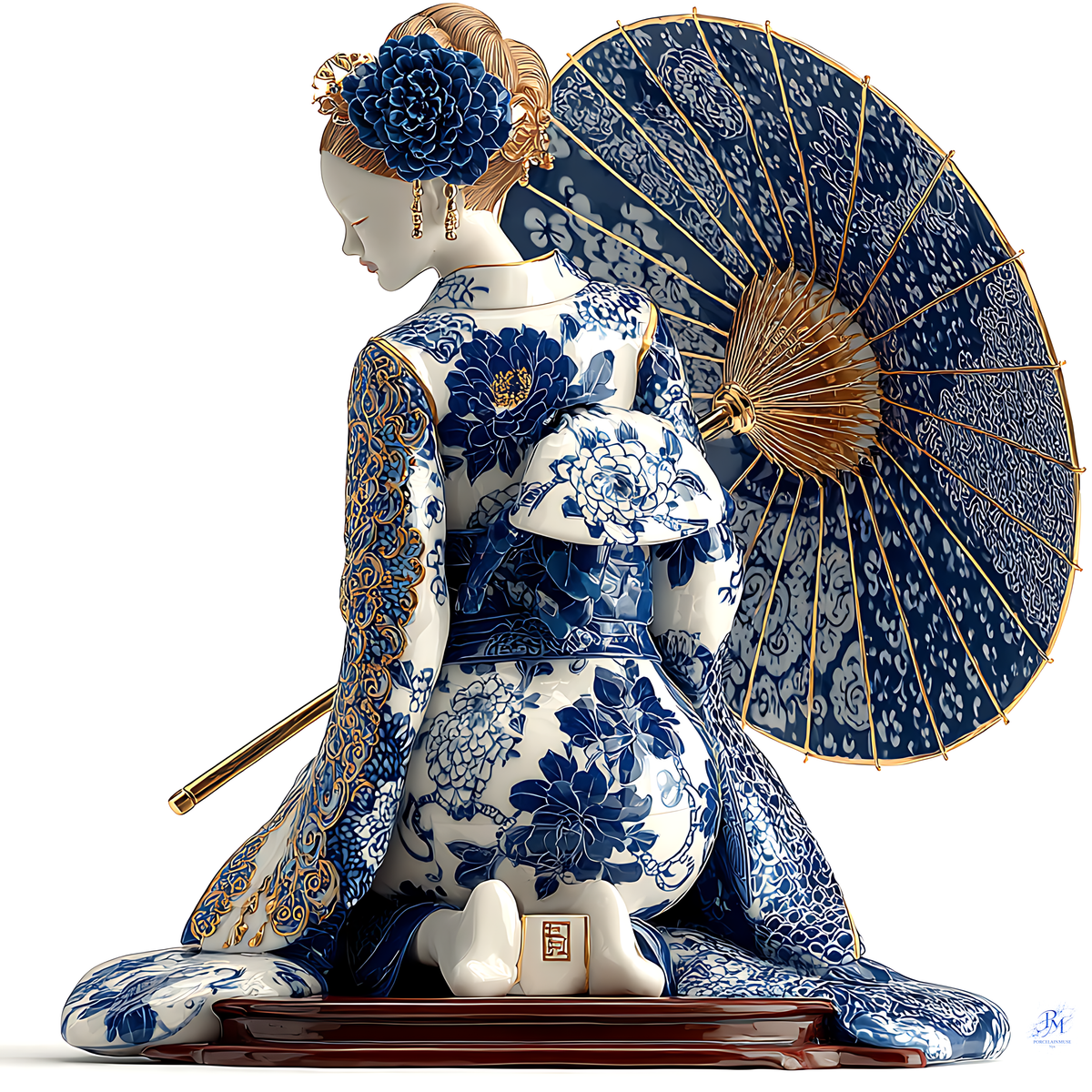 Azure Silence — Geisha of Porcelain Bloom — porcelain geisha figurine kneeling beneath an open parasol