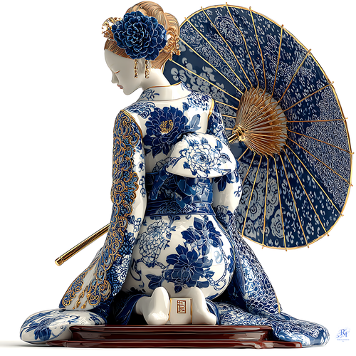 Silence Azuré — Geisha en Éclosion de Porcelaine — figurine de geisha en porcelaine agenouillée sous une ombrelle ouverte