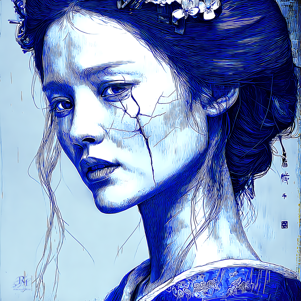 Blue Fracture of Silent Memory — woman's profile in fine cross-hatched blue ink with a crack tracing from eye to jaw