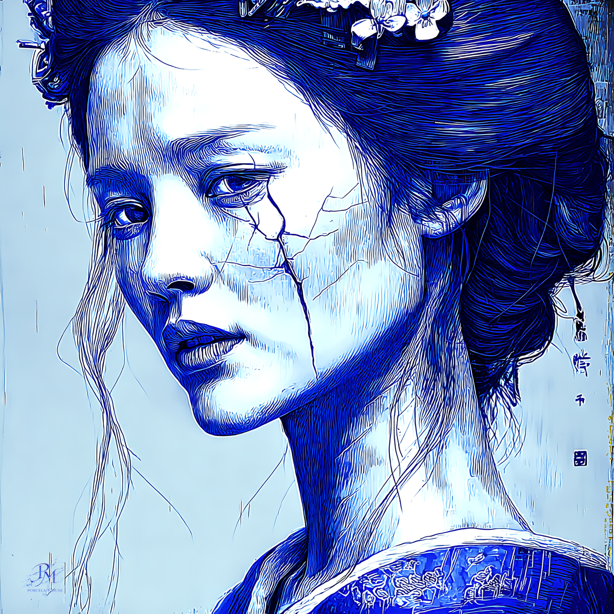 Blue Fracture of Silent Memory — woman's profile in fine cross-hatched blue ink with a crack tracing from eye to jaw