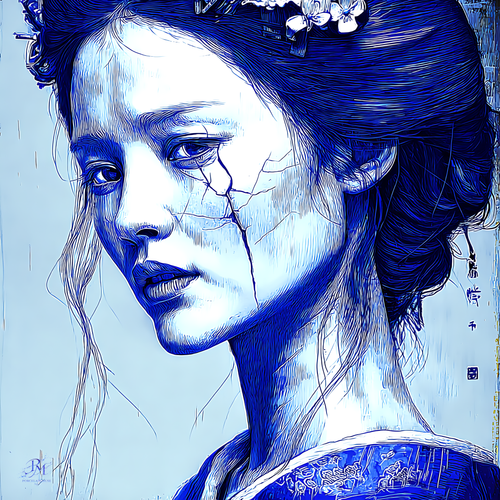 Fracture Bleue de la Mémoire Silencieuse — profil de femme en fines hachures croisées à l'encre bleue, fêlure tracée de l'œil à la mâchoire