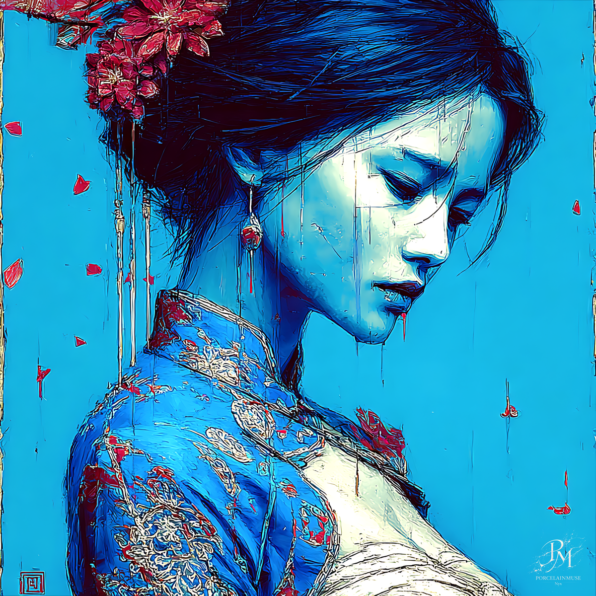 Blue Silence of Falling Petals — woman's profile in expressive cobalt blue with red blossoms and falling petals